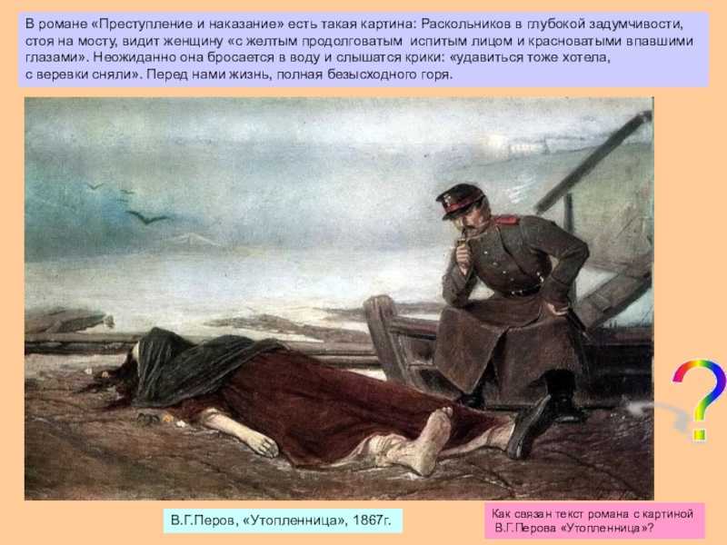Перова Утопленница Выполнена в 1867 году Находится в Третьяковской галерее
