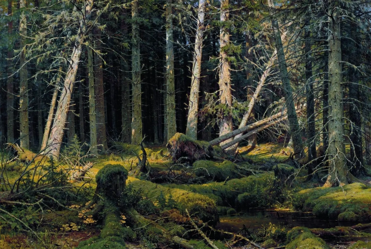 Подробное  Шишкина Туманное утро, выполненной в 1885 году Присутствие человека едва угадывается в картине: узкая тропинка в траве, торчащий столбик для привязывания лодки, - вот и все признаки человеческого присутствия